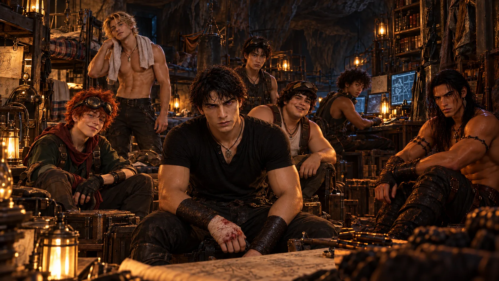 The Lost Shadow Boys together in their lantern-lit Mantlerealm cave
