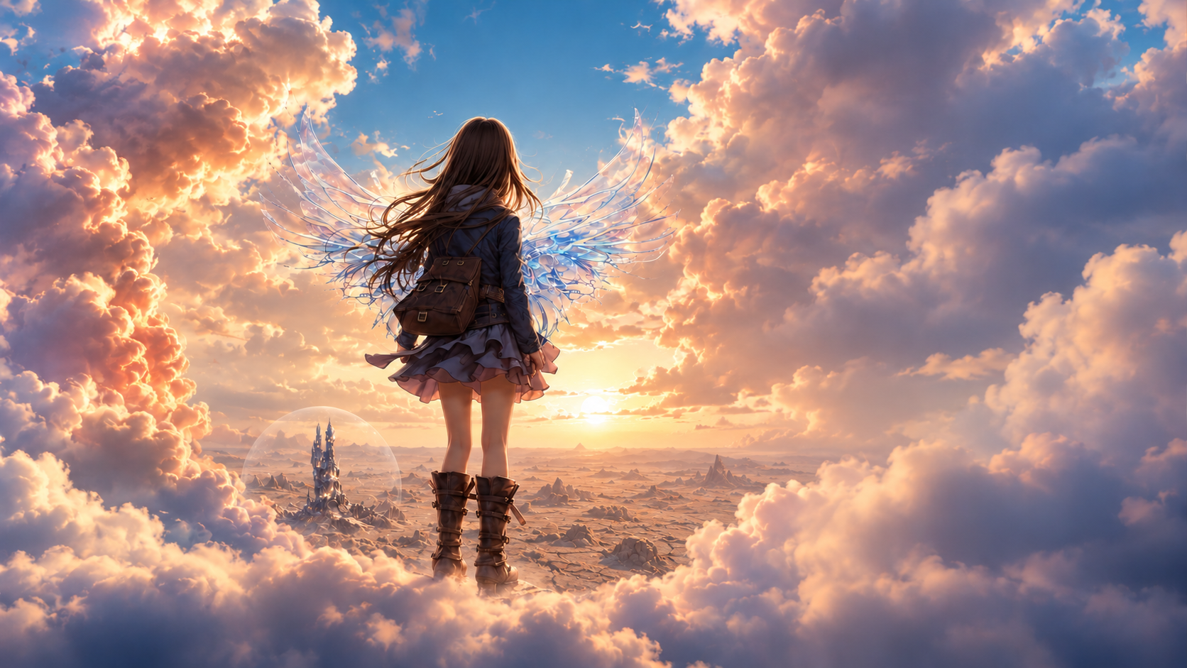 Chloe with delicate wings amid pink clouds, looking toward a small distant twisted castle