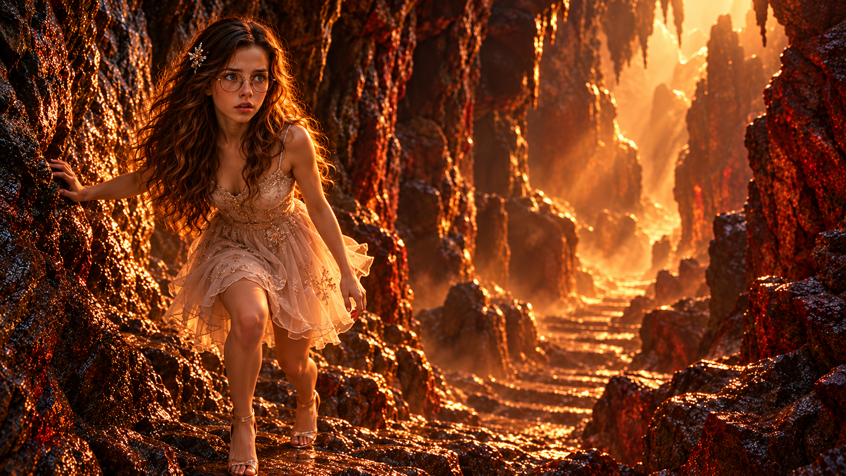 Chloe standing small in an enchanted forest beside a stream