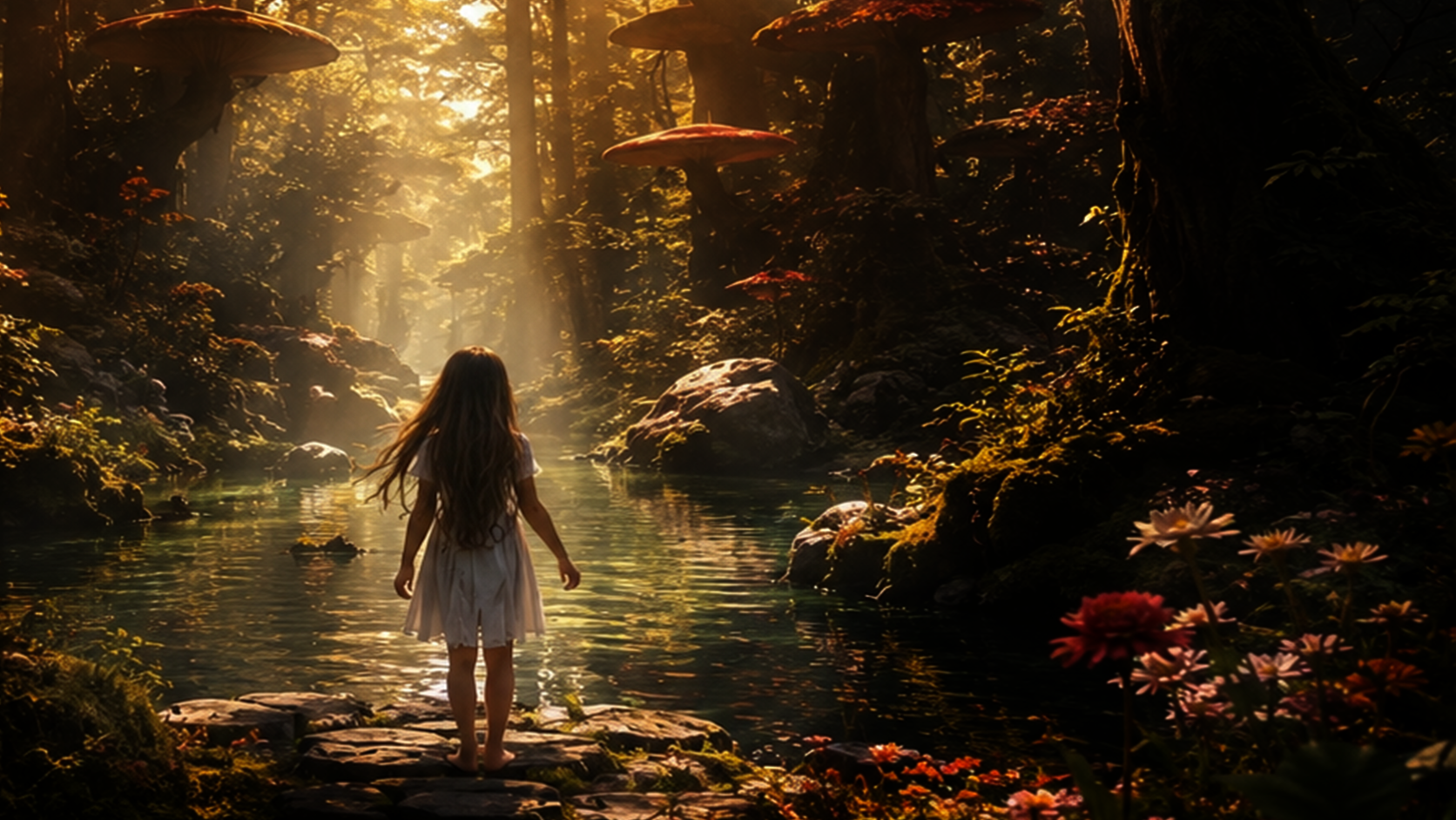 Chloe standing small in an enchanted forest beside a stream
