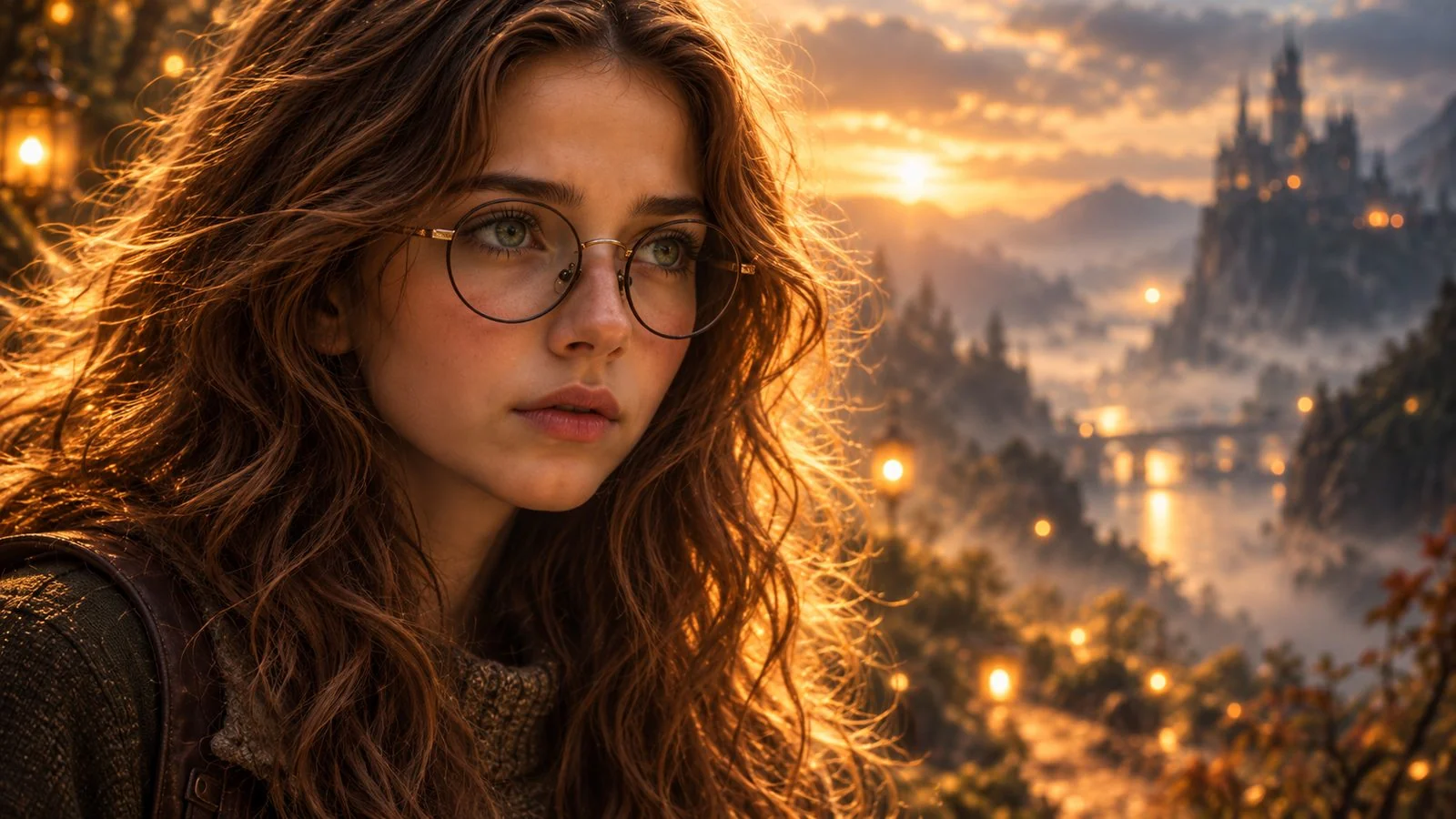 Chloe from the original approved Pillywiggin hero, in golden light with the fae kingdom beyond