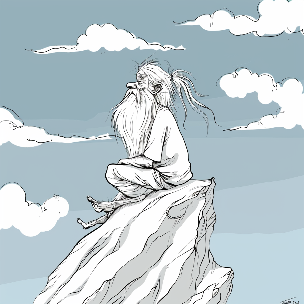 Original illustration of the wise elder on a mountaintop